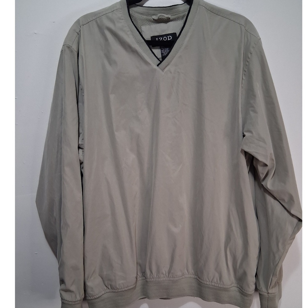 IZOD Mens V-Neck Pullover Windbreaker Long Sleeve Beige Jacket